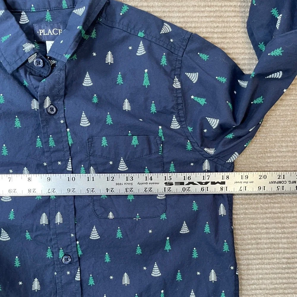 The Childrens Place Boys XL 14 Navy Blue Christmas Tree Button Down Shirt